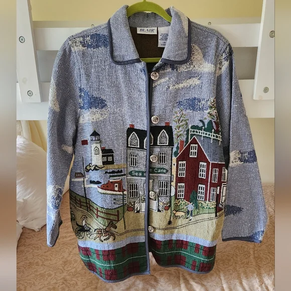Vintage Blair Seaside Horse Dog Tapestry Jacket Womens Large Button Up Coastal - Picture 2 of 7